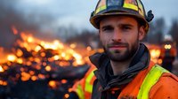 Caucasian male firefighter in protective gear and helmet against burning fire background, dramatic emergency scene with flames and smoke at dusk.