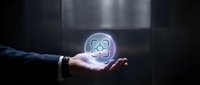 Business hand holding glowing skull hologram in dark corporate environment representing danger, risk assessment, mortality concepts for presentations.