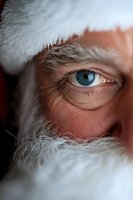 Striking blue eye peering through white fur in extreme macro close-up, capturing intricate details of eyelashes, skin texture and winter holiday spirit.