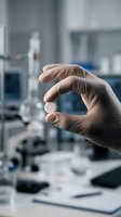 Scientist in latex gloves holding a small round sample or pill in laboratory setting with blurred equipment background, suitable for medical research, pharmaceutical, and healthcare industry applications.