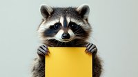 Cute raccoon holding blank yellow sign with paws against light background, looking directly at camera. Funny animal mockup for advertising message.