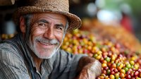 Mature bearded farmer in straw hat smiling while harvesting fresh coffee cherries on plantation. Close up portrait showing genuine joy and satisfaction during coffee picking season.