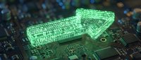 Green digital arrow hologram on computer circuit board representing data flow, technology advancement and electronic innovation in modern computing systems.