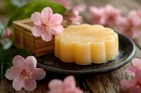 Natural beeswax soap bar with flower shape on ceramic plate surrounded by pink cherry blossoms, wellness and spa composition on wooden surface.