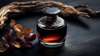 Luxury amber perfume bottle with elegant glass design on dark wooden surface surrounded by dried autumn leaves and natural rope decoration.