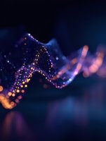 Abstract digital wave of glowing particles in purple and orange colors against dark blue background, creating futuristic data visualization effect.