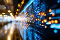 Abstract digital network visualization with glowing orange and blue light effects, blurred background showing data streams and connectivity patterns in modern technology.