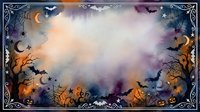 Watercolor Halloween border frame with bats, spiderwebs, pumpkins, and crescent moons on moody purple and orange background with copy space.