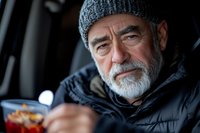 Senior Caucasian man with gray beard wearing winter hat and jacket holds warm drink outdoors, contemplative expression in natural lighting.