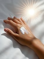 Female hand with white moisturizing cream on tanned skin against bright sunlight and white fabric background, creating dramatic shadows and highlighting skincare routine.