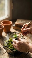 Mature hands tending succulent plant in geometric glass terrarium with brass tool, sunlit workspace with ceramic pot and books, indoor gardening hobby.