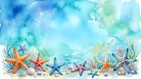 Watercolor underwater scene with colorful starfish, seashells and coral on sandy ocean floor. Marine life border design for summer coastal themes.
