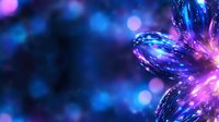 Magical glowing flower with sparkling petals in vibrant blue and purple colors against dark background with bokeh lights creates dreamy atmosphere.