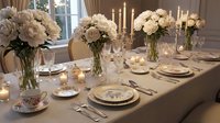 Elegant dining room table set for formal dinner party with white roses, candles, fine china and crystal glassware in luxurious interior setting.