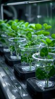Plant tissue culture in laboratory setting with green seedlings growing in sterile glass containers, perfect for biotechnology and agricultural research concepts.