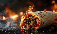 Fresh burrito with grilled meat, vegetables and spices on dark background with fire flames and smoke effects, dramatic food photography for restaurant menu.