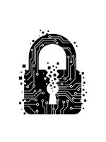 Digital padlock with circuit board pattern and pixelated elements representing cybersecurity, data protection, and electronic security technology.