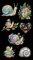 Colorful hand-drawn snails with decorative floral patterns, mushrooms, and botanical elements isolated on transparent background. Perfect for t-shirt designs, stickers, clipart, sublimation, and print-on-demand products.