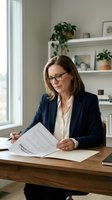 Professional middle-aged Caucasian businesswoman in navy blazer reviewing documents at wooden desk in modern office with plants and shelving.
