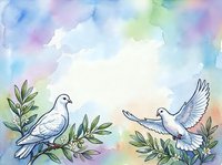 Two doves perched among olive branches with one in flight, rendered in soft watercolor with pastel rainbow wash background, isolated on white space for greeting cards, invitations, and peace-themed designs.