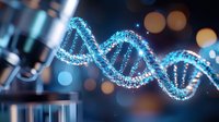 Glowing blue DNA helix structure with microscope in laboratory setting against dark background with bokeh lights, representing genetic research and biotechnology.