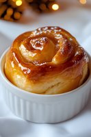 Freshly baked sticky bun with caramel glaze served in white ramekin. Golden brown swirled pastry topped with glistening syrup and warm bokeh lights in background.
