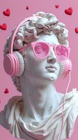 Classical marble bust wearing pink sunglasses and headphones with floating hearts on pink background. Modern pop art interpretation of ancient sculpture for lifestyle content.
