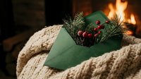 Festive green envelope with pine branches and red berries on cozy knit blanket by warm fireplace creating holiday atmosphere for seasonal greeting cards.