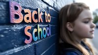 Young blonde student stands thoughtfully next to colorful back to school text painted on dark blue wall, creating atmospheric education concept with selective focus.