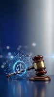 Wooden judge gavel with digital justice scales and circuit board technology elements on blue gradient background for legal tech and law firm concepts.