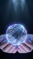 Hands holding glowing digital sphere with blue neon circuit patterns and network connections, representing technology, innovation, artificial intelligence, and digital transformation concepts.
