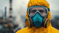 Professional worker in yellow hazmat suit and gas mask for industrial safety and chemical protection in contaminated environment.