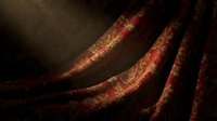 Ornate burgundy and gold fabric with intricate patterns draped in elegant folds, creating rich texture and depth. Suitable for luxury backgrounds, textile design, and decorative projects.