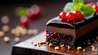 Layered chocolate mousse cake slice with red currants and nuts on dark background, glossy ganache topping garnished with fresh berries and mint leaves.