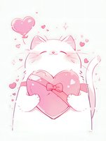 Cute kawaii white cat holding pink heart with bow, surrounded by floating hearts and sparkles. Simple line art style drawing on white background for Valentine cards.