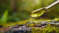Macro shot of golden oil or essence drop falling from glass dropper onto wooden surface with moss, capturing moment of impact in nature setting.