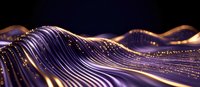Glowing golden and purple waves with sparkling particles create dynamic flowing lines against dark background, abstract luxury design element.