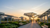 Modern sustainable architecture complex with solar panels and green rooftops at golden hour sunset, showcasing eco-friendly urban development and renewable energy design.