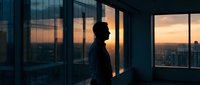 Professional businessman silhouette standing by office windows during sunset overlooking city skyline, corporate success and leadership concept.