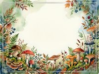 Watercolor forest frame with mushrooms, ferns, berries, and autumn leaves surrounding a blank center space for text or design.