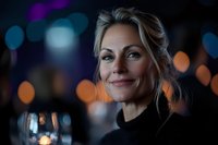 Confident mature blonde woman with gentle smile against blurred city lights background, creating atmospheric evening portrait with bokeh effects.