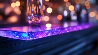 Glowing purple and blue resin bar counter with bokeh lights in background creates magical atmosphere for nightclub, restaurant or modern interior design.