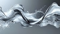 Dynamic flowing silver liquid with splashing waves and droplets creates elegant motion effect against dark gray background, suitable for luxury product advertising.