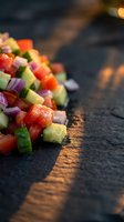 Fresh diced vegetables including tomatoes, cucumbers and red onions arranged on dark wooden cutting board with warm lighting for cooking and meal preparation.