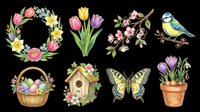 Watercolor spring flowers, tulips, daffodils, cherry blossoms, butterfly, bird, birdhouse, and potted crocus isolated on transparent background. Ready for t-shirt designs, clipart, stickers, and print-on-demand projects.