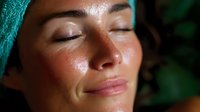 Close up portrait of young Hispanic woman with glowing dewy skin wearing turquoise headwrap, eyes closed in peaceful expression against dark background.