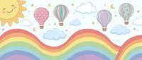 Cute cartoon sky scene with smiling sun, colorful hot air balloons, fluffy clouds, rainbow waves and stars on pastel background for nursery decor.