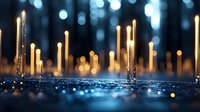 Glowing golden vertical tubes emerge from sparkling blue surface with bokeh lights, creating modern abstract atmosphere for technology, innovation, and futuristic design concepts.
