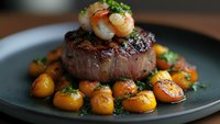 Grilled beef tenderloin steak topped with seared shrimp, served with golden roasted baby potatoes and fresh herbs on dark ceramic plate, fine dining presentation.