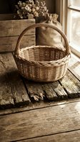 Rustic wicker basket on weathered wooden floor near window with natural sunlight creating warm atmosphere for farmhouse home decor and storage solutions.
